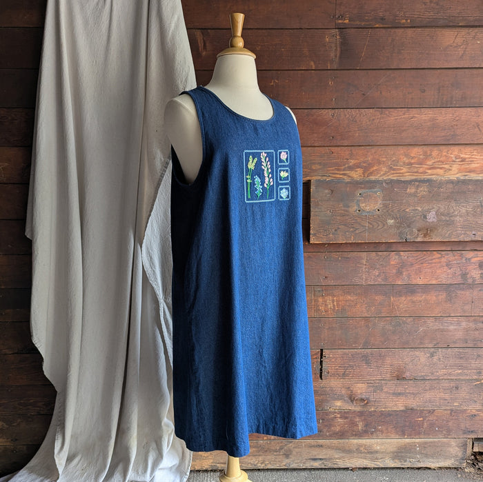 90s Vintage Plus Size Embroidered Denim Midi Dress