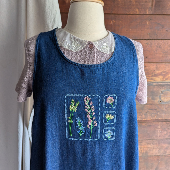 90s Vintage Plus Size Embroidered Denim Midi Dress