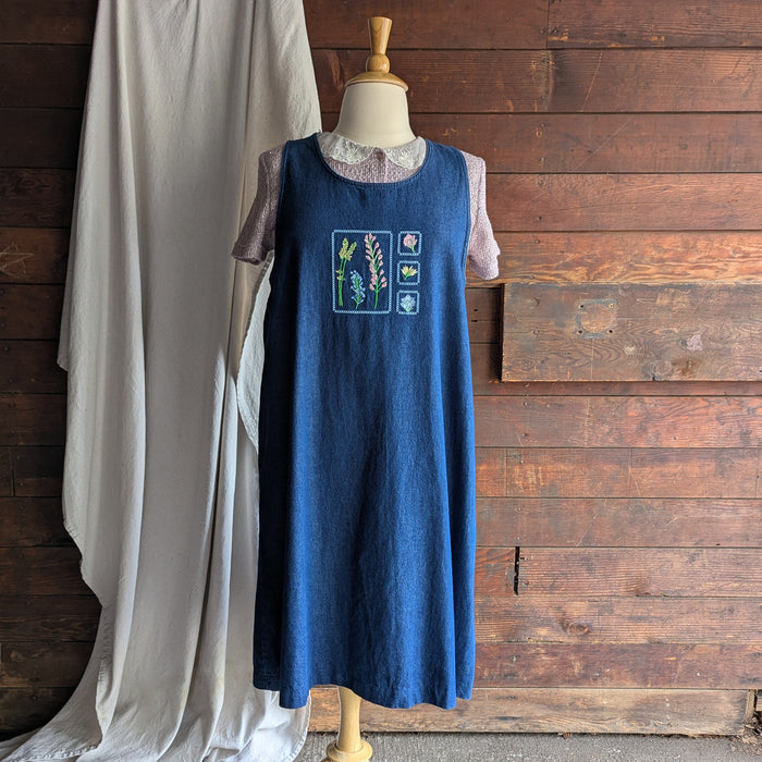 90s Vintage Plus Size Embroidered Denim Midi Dress