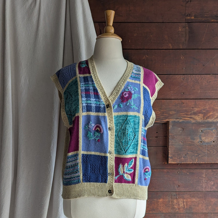 90s Vintage Plus Size Patchwork Embroidery Sweater Vest