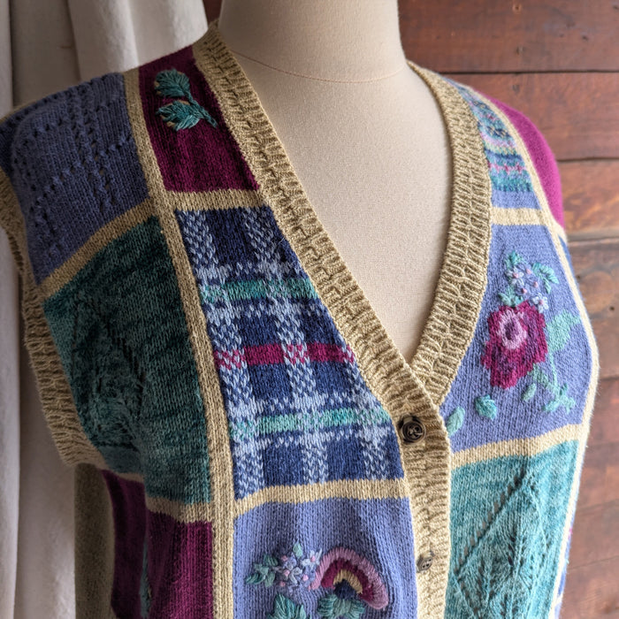 90s Vintage Plus Size Patchwork Embroidery Sweater Vest