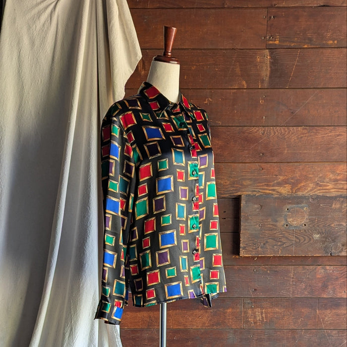 90s Vintage Satin Long Sleeve Jewel Tone Blouse