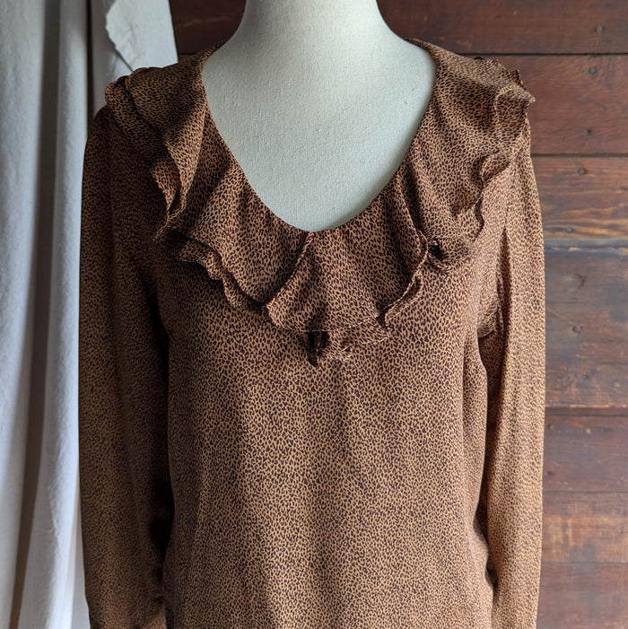 90s Vintage Silk Brown Ruffled Blouse