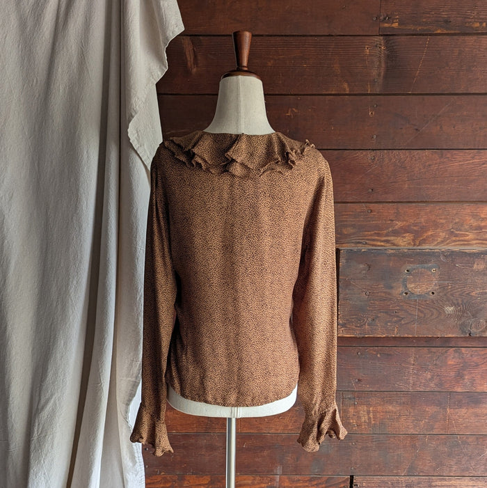 90s Vintage Silk Brown Ruffled Blouse