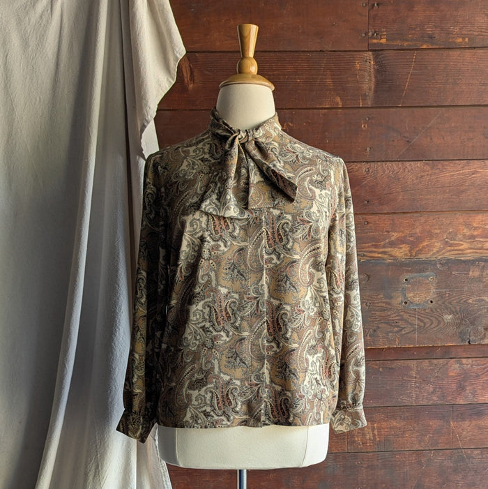 90s Vintage Tan and Brown Paisley Long Sleeve Blouse