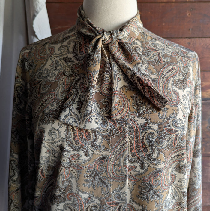90s Vintage Tan and Brown Paisley Long Sleeve Blouse