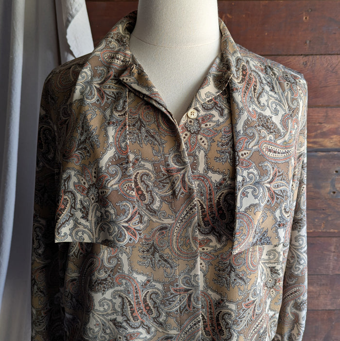 90s Vintage Tan and Brown Paisley Long Sleeve Blouse