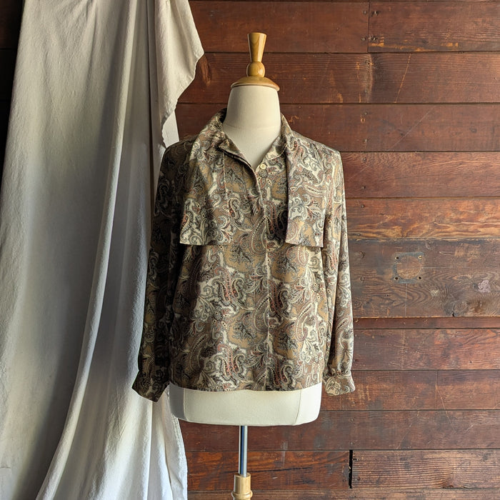 90s Vintage Tan and Brown Paisley Long Sleeve Blouse