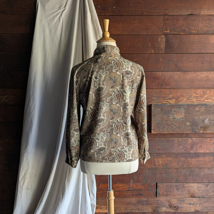 90s Vintage Tan and Brown Paisley Long Sleeve Blouse