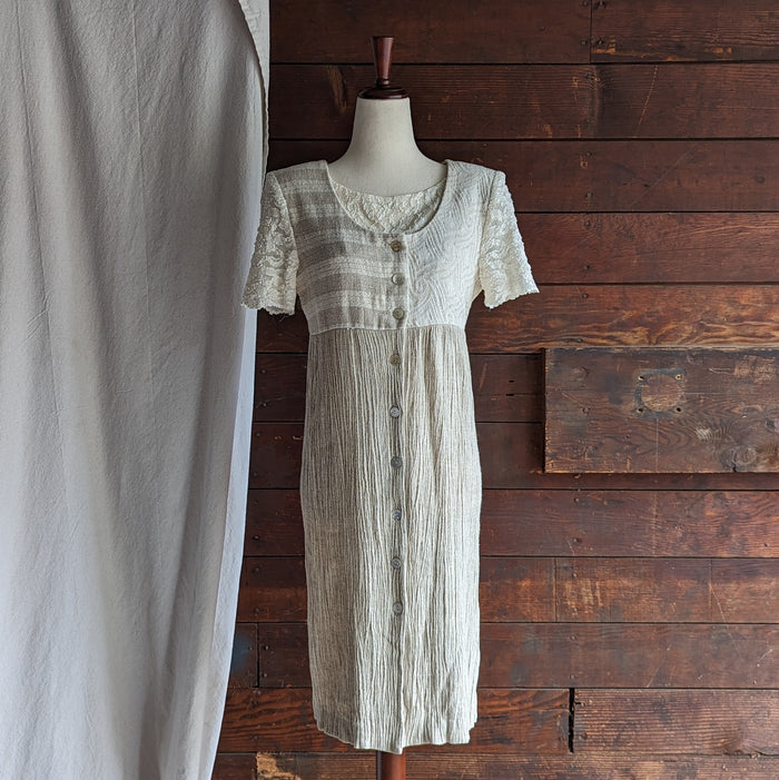 90s Vintage Tan and Cream Linen Mini Dress