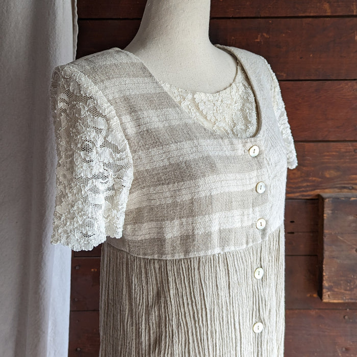 90s Vintage Tan and Cream Linen Mini Dress