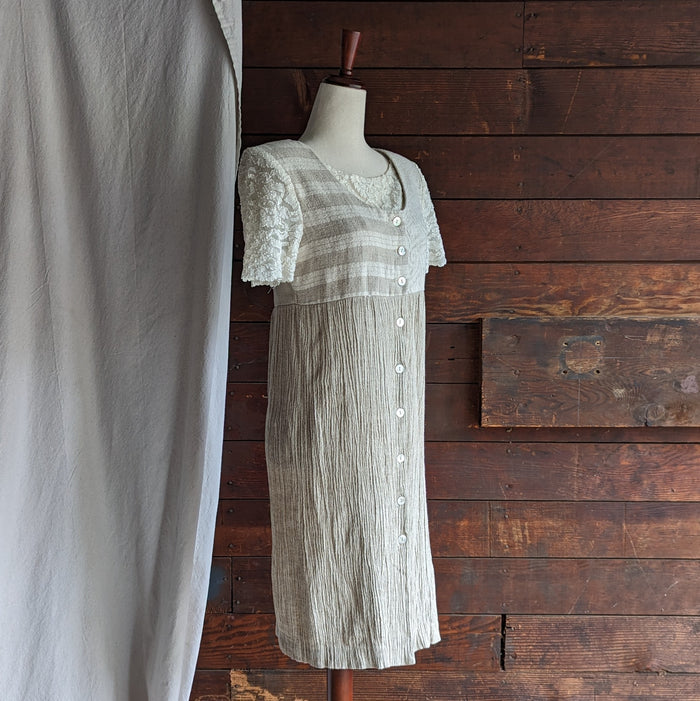 90s Vintage Tan and Cream Linen Mini Dress