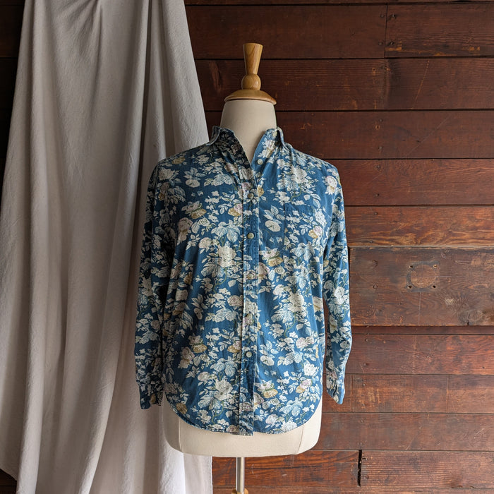 90s Vintage Teal Floral Print Button Up Shirt