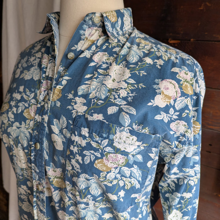 90s Vintage Teal Floral Print Button Up Shirt