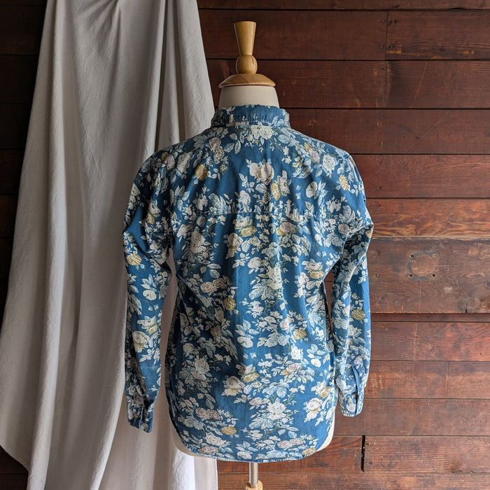 90s Vintage Teal Floral Print Button Up Shirt