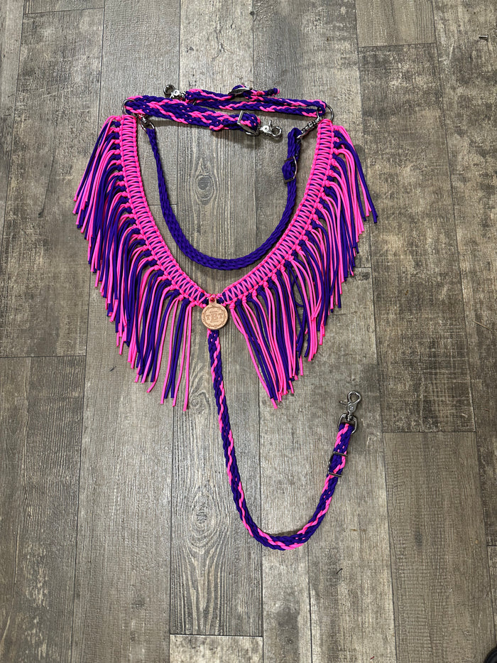 Hot Pink and Purple fringe breast collar with  wither strap