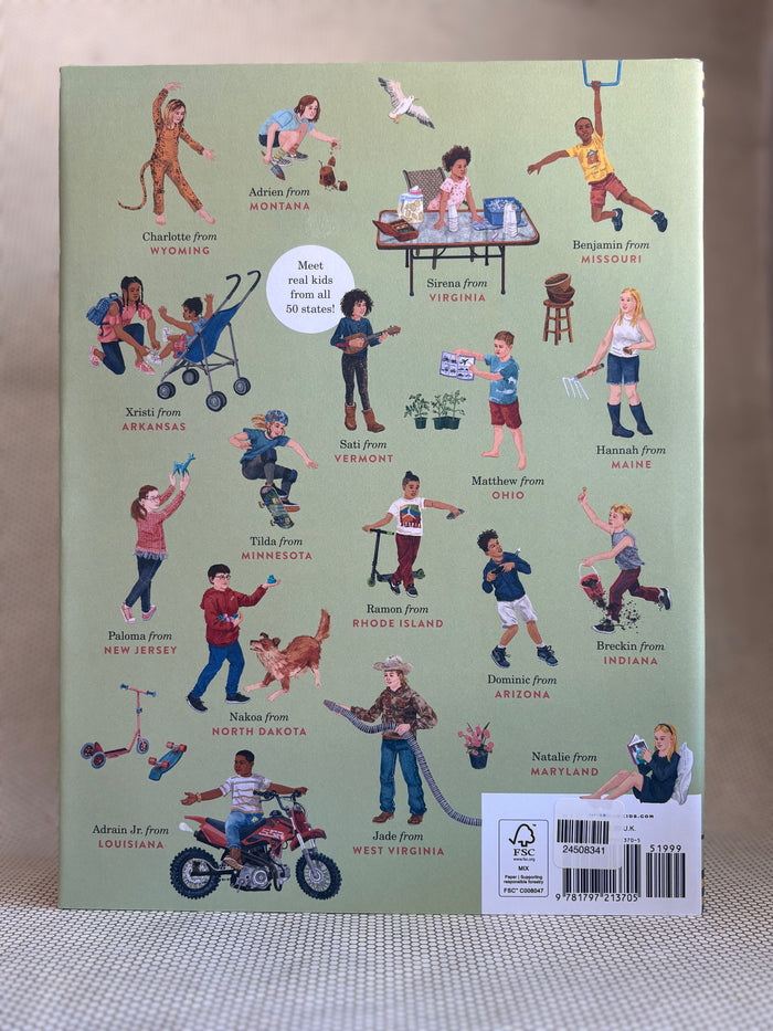 Illustrated book back cover with various children from different states, on a neutral background.