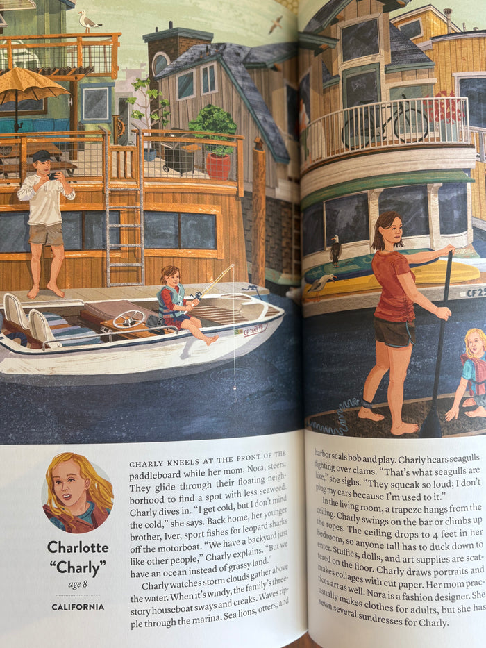 Illustrated book open to a page with children by a boat and a woman paddling.