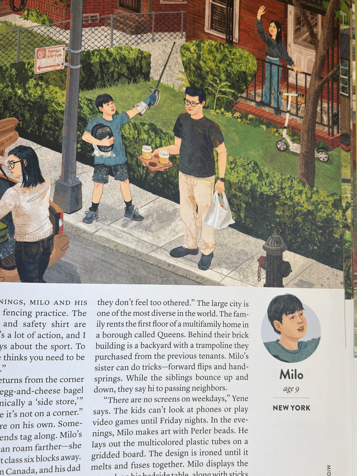 Illustration of a family on a city street with text overlay.