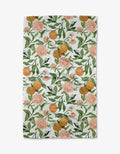 towel with floral and fruit pattern on a white background