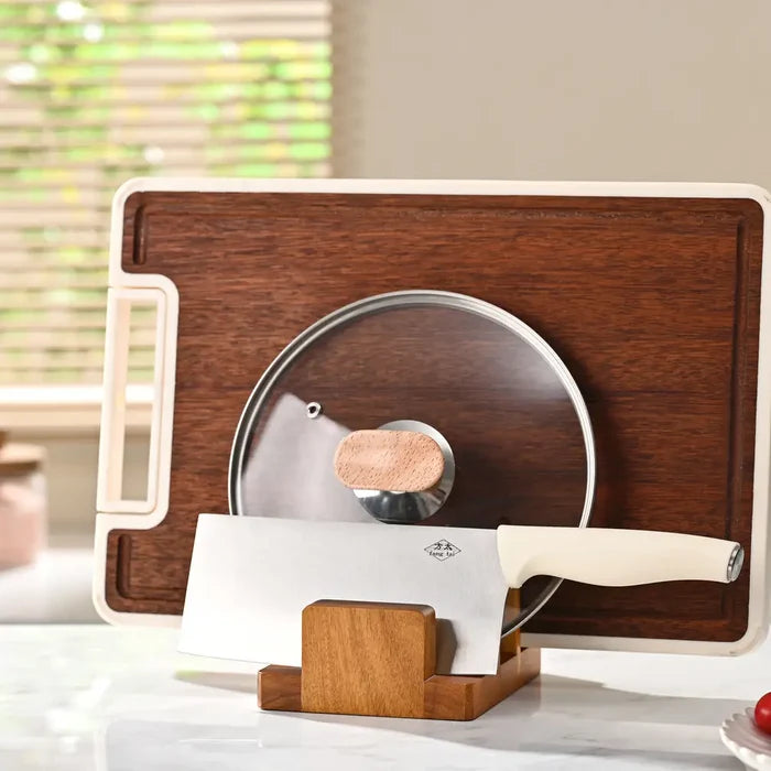 Acacia Wood Cutting Board Holder & 3 Slot Organizer