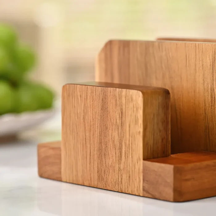 Acacia Wood Cutting Board Holder & 3 Slot Organizer