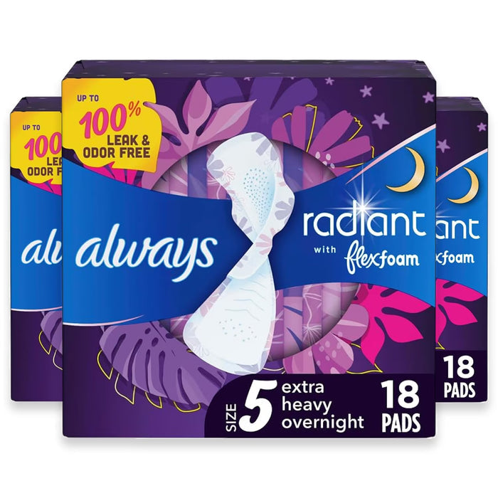 Always Radiant FlexFoam Size 5 Extra Heavy Overnight Scented Pads with Wings 18CT - 3 Pack