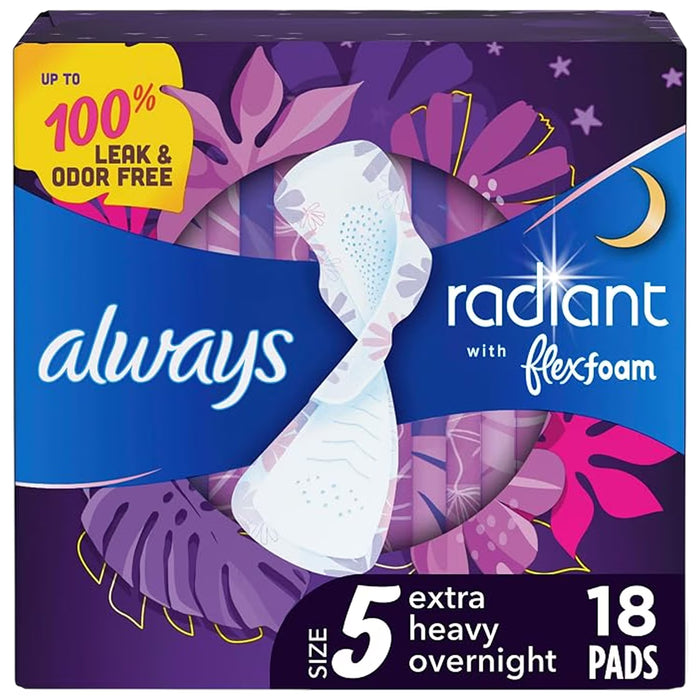 Always Radiant FlexFoam Size 5 Extra Heavy Overnight Scented Pads with Wings 18CT - 3 Pack