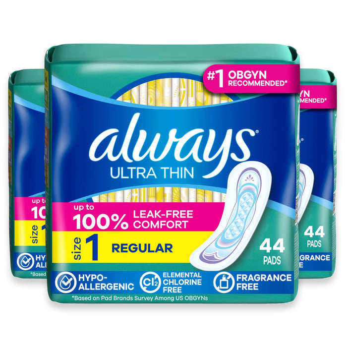 Always Ultra Thin Size 1 Regular Absorbency Unscented Sanitary Pads Without Wings - 44 Ct - 3 Pack