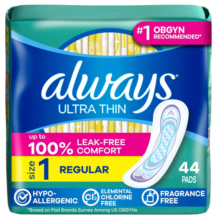 Always Ultra Thin Size 1 Regular Absorbency Unscented Sanitary Pads Without Wings - 44 Ct - 3 Pack