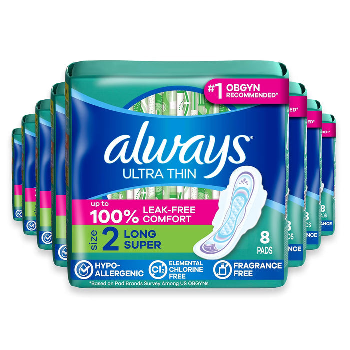 Always Ultra Thin Size 2 Long Super Absorbency Unscented Pads with Wings - 8 Ct - 8 Pack