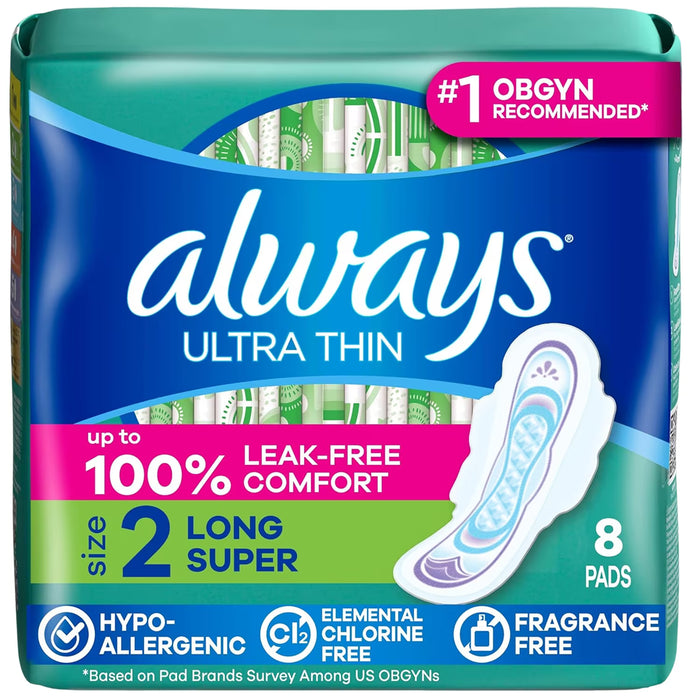 Always Ultra Thin Size 2 Long Super Absorbency Unscented Pads with Wings - 8 Ct - 8 Pack