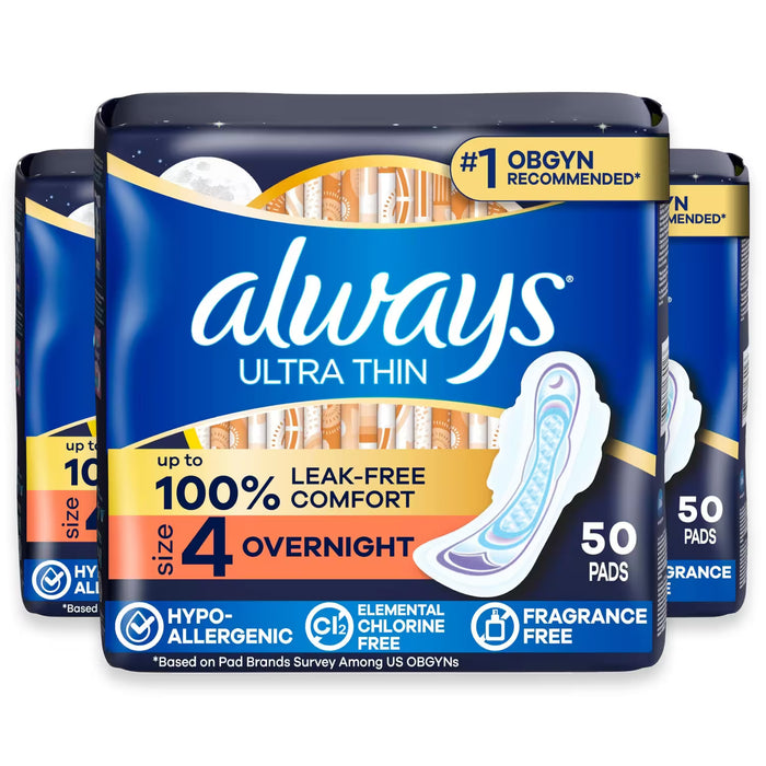 Always Ultra Thin Size 4 Overnight Unscented Sanitary Pads with Wings - 50 Ct - 3 Pack