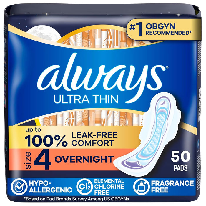 Always Ultra Thin Size 4 Overnight Unscented Sanitary Pads with Wings - 50 Ct - 3 Pack