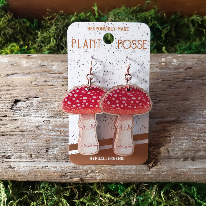 Amanita Muscaria Mushroom Wooden Earrings