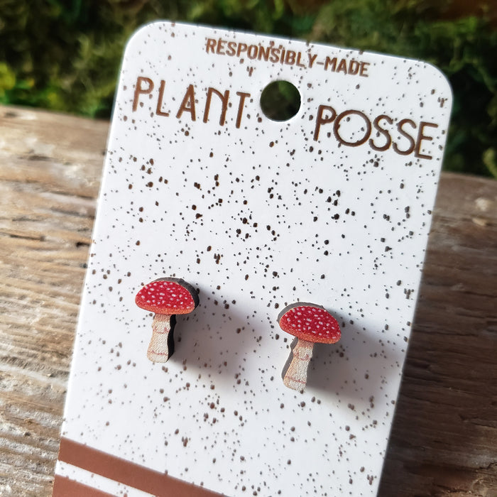 Amanita Mushroom Wooden Stud Earrings