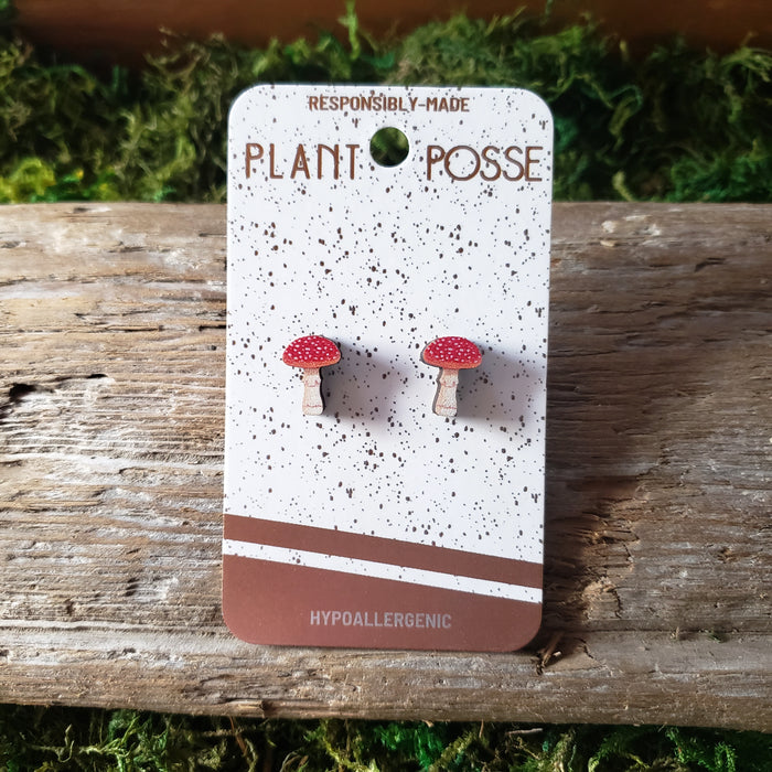 Amanita Mushroom Wooden Stud Earrings