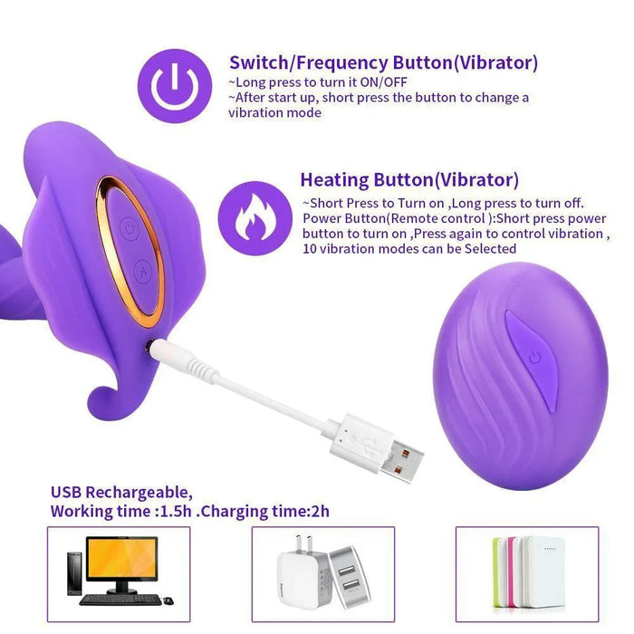 Purple app-controlled Bluetooth panty vibrator with USB charging, remote control, and instructions.