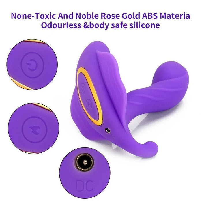 Purple app-controlled Bluetooth wearable vibrator with rose gold accents, silicone body, and control buttons.