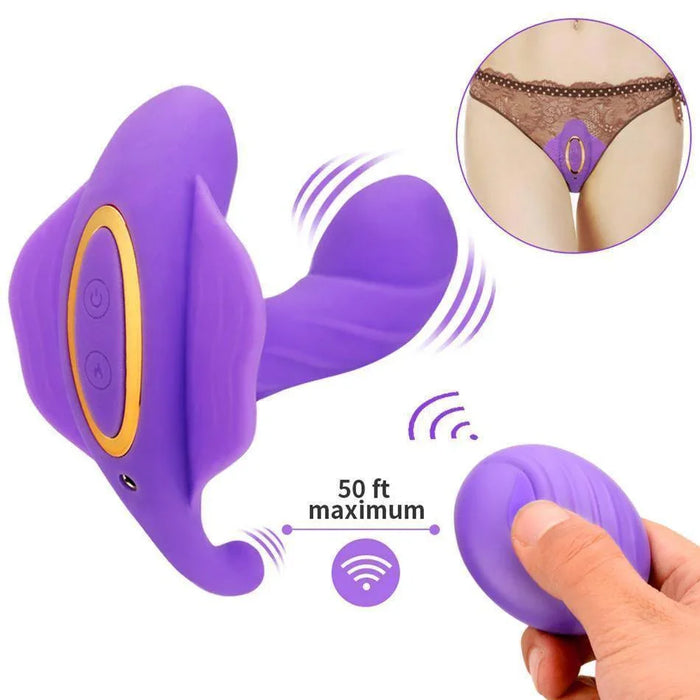 Purple Bluetooth panty vibrator with remote control, 50 ft range, and wearable design.