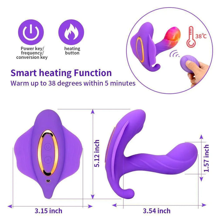 Purple app-controlled Bluetooth panty vibrator with heating function, product dimensions shown