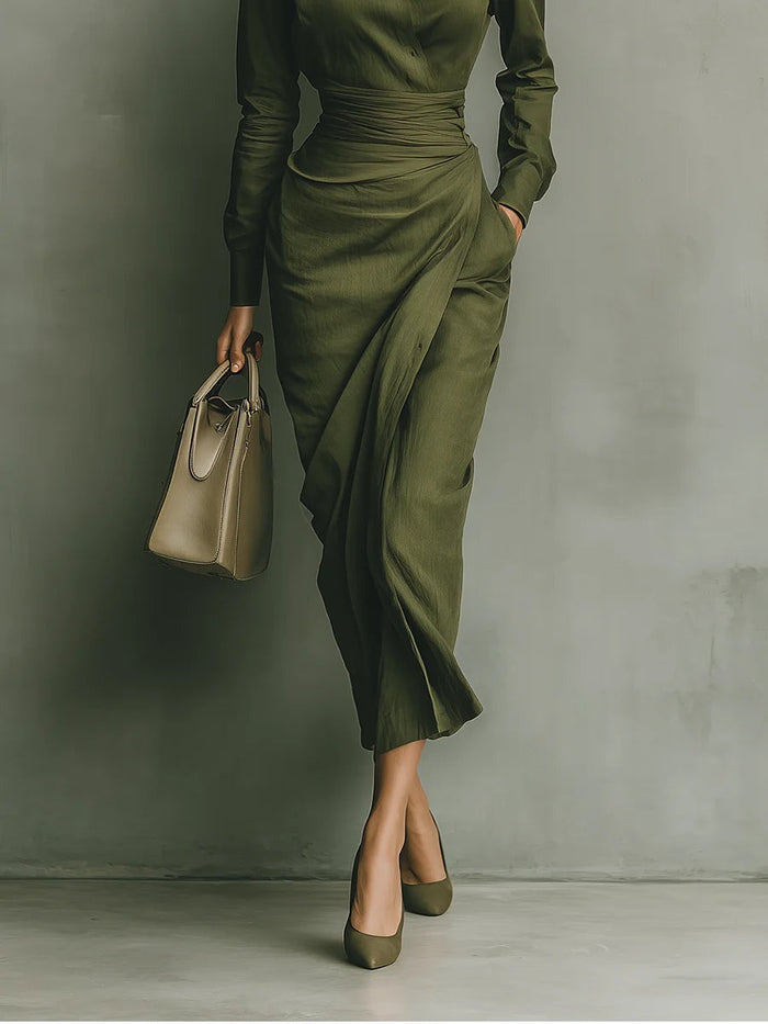 Army Green Cotton Blended Maxi Dress