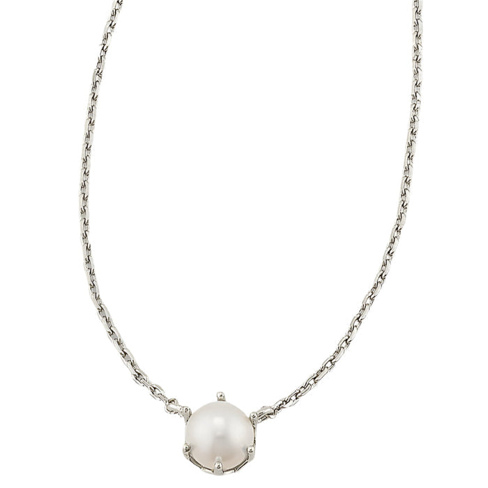 A silver chain necklace featuring a single white pearl pendant in a bezel setting, shown against a plain white background.