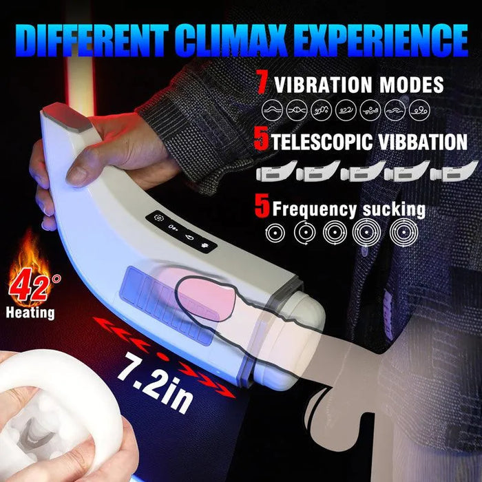 Automatic male pleasure device with 7 vibration modes, telescopic motion, heating, and suction.