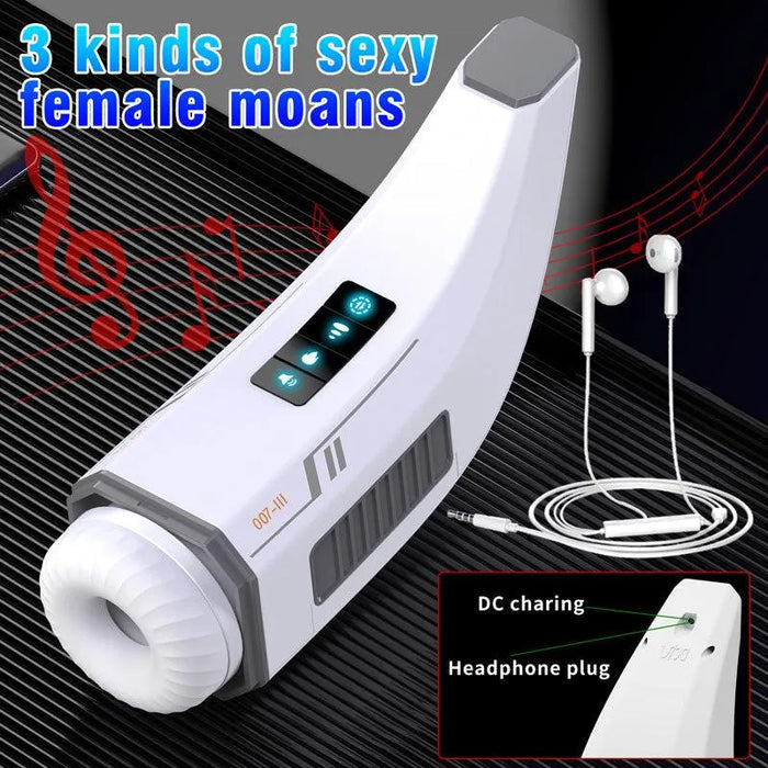 Automatic male stimulation device with moan sound features, headphone and charging port