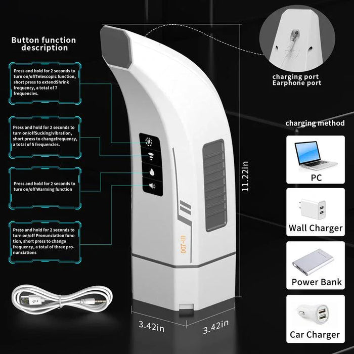 White automatic male toy with control buttons, USB charging cable, multiple charging options, and size guide.