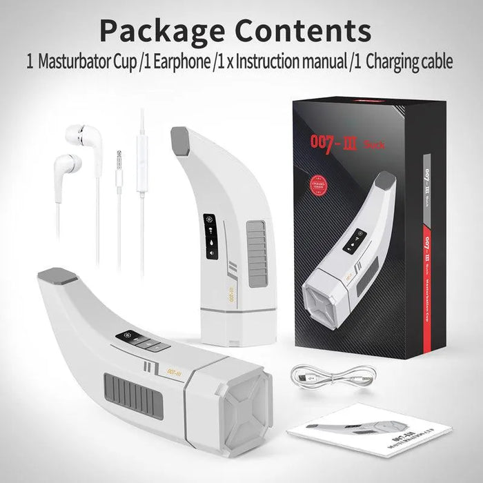 Automatic male pleasure device with earphones, charging cable, manual, and packaging.
