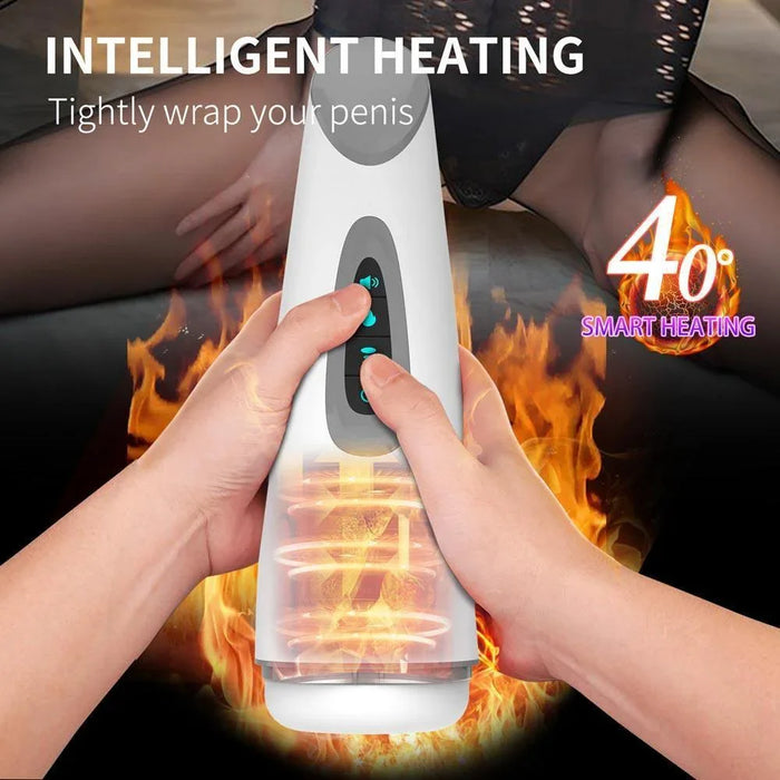 Hand holding a white automatic male stroker with heating feature, fire and temperature graphics.