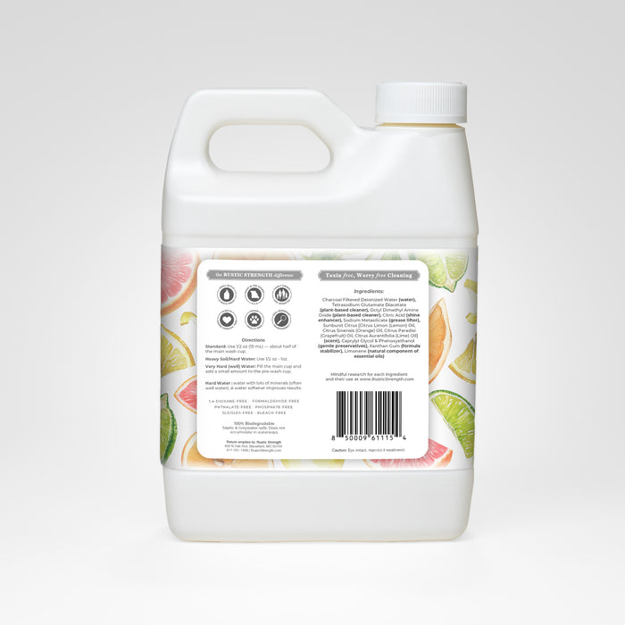 Rustic Strength, Automatic Dishwasher Gel, 32 oz Plastic,Sunburst Citrus , Back of Container