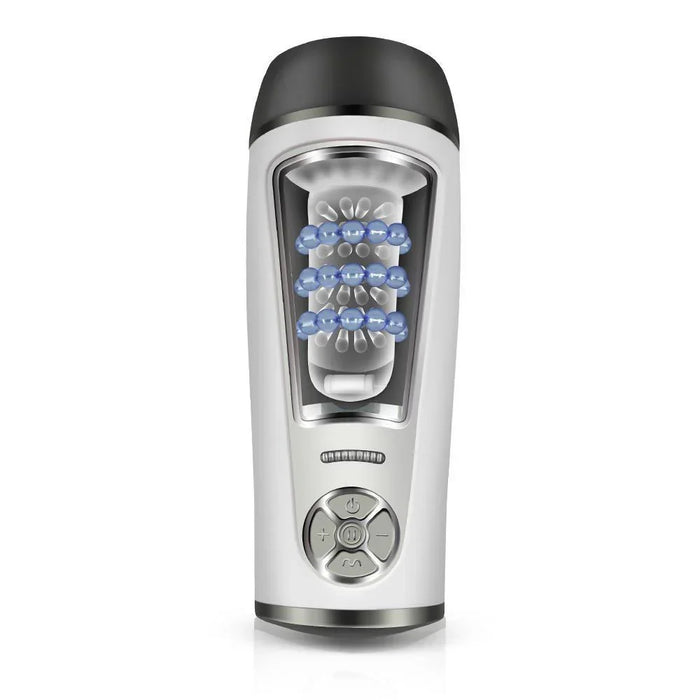 Automatic male personal massager with textured interior and control buttons, white background.